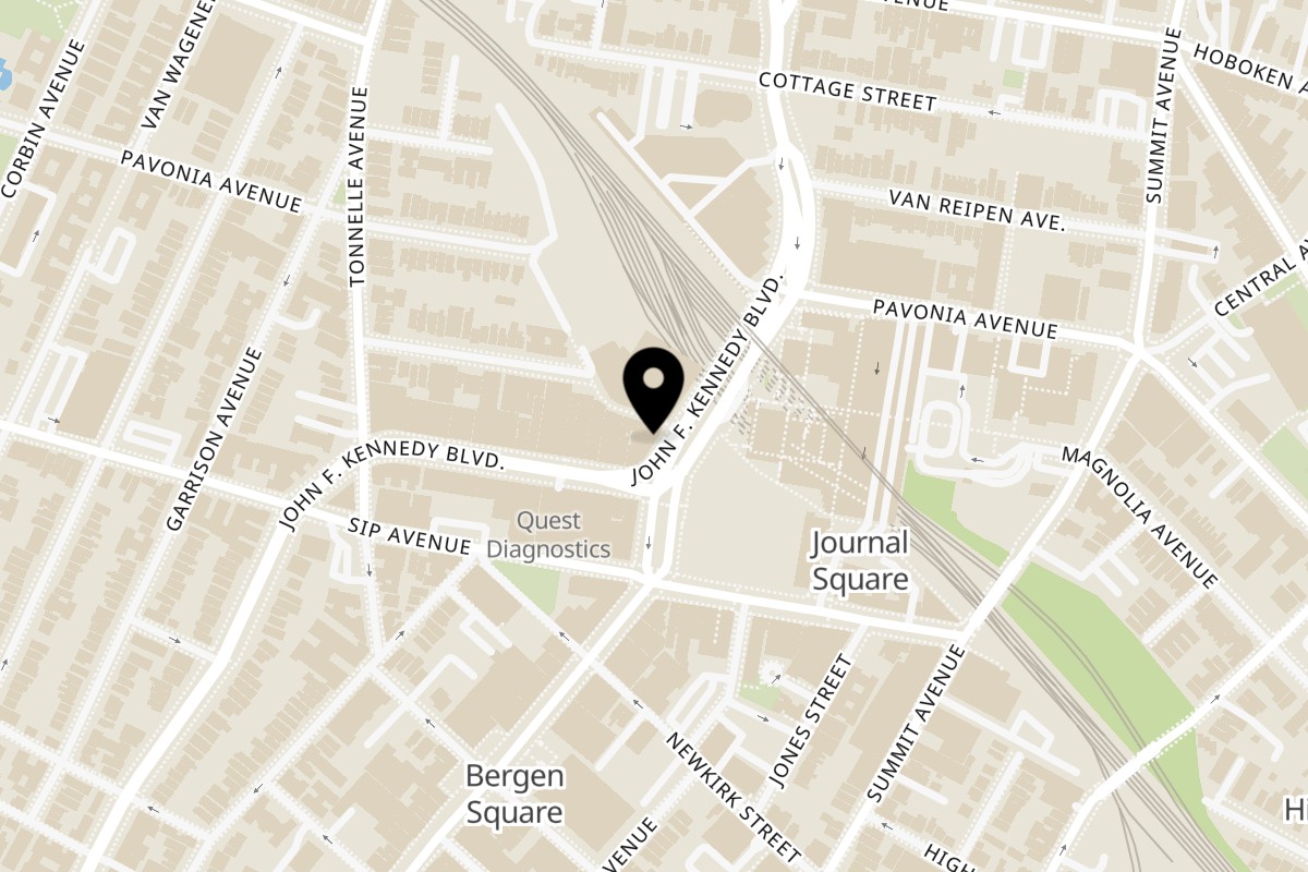 Map showing the location of Boulevard Drinks on 48 Journal Square Plaza in Jersey City